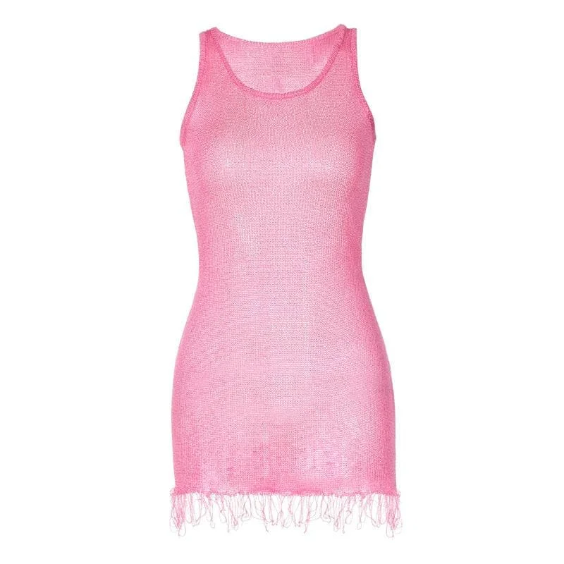 Sleeveless u neck tassels knitted mini dress Elegant Satin Lace Mini Dress