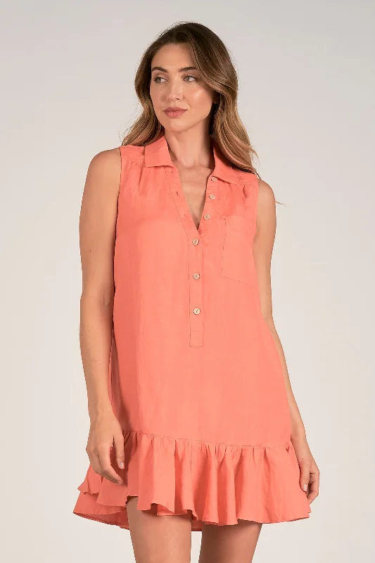 Sleeveless V-Neck Mini Dress with Collar - Coral Elegant Lace-Up Mini Dress