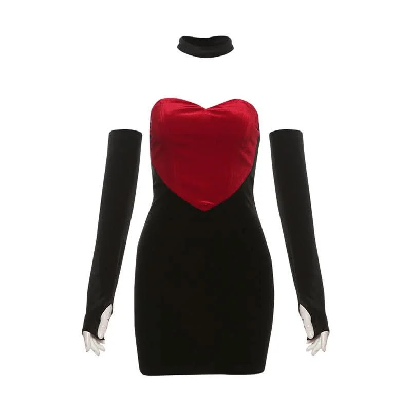 Sweetheart pattern gloves velvet mini dress Elegant Velvet Mini Dress
