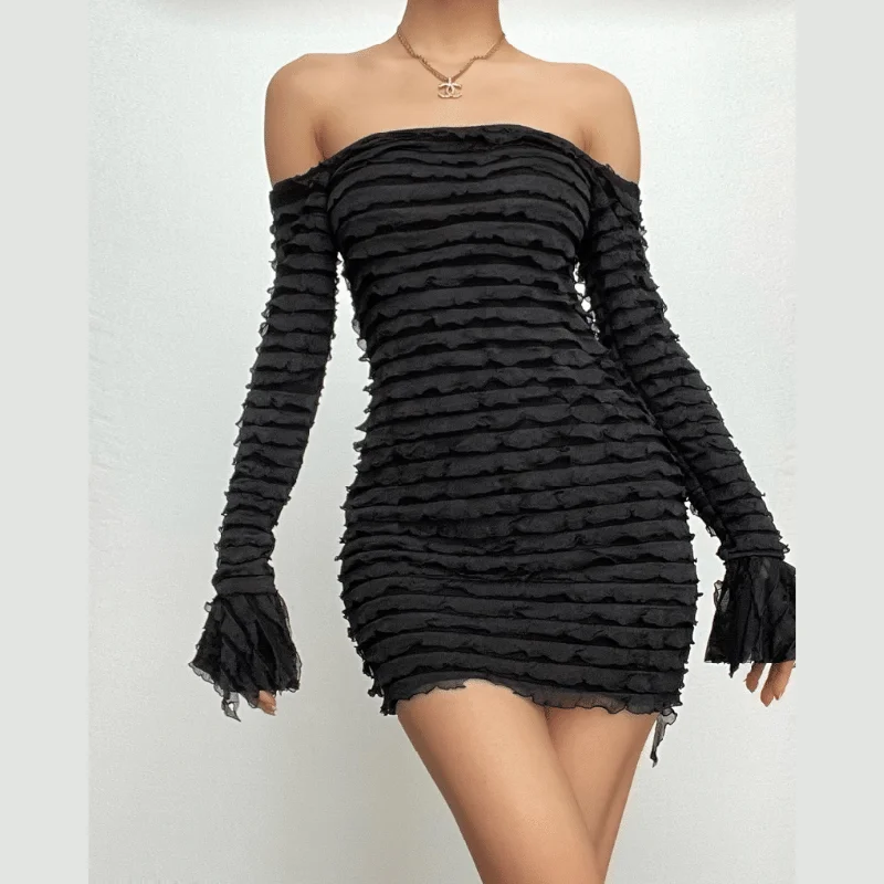 Textured off shoulder long flared sleeve solid mini dress Classic Black Mini Dress