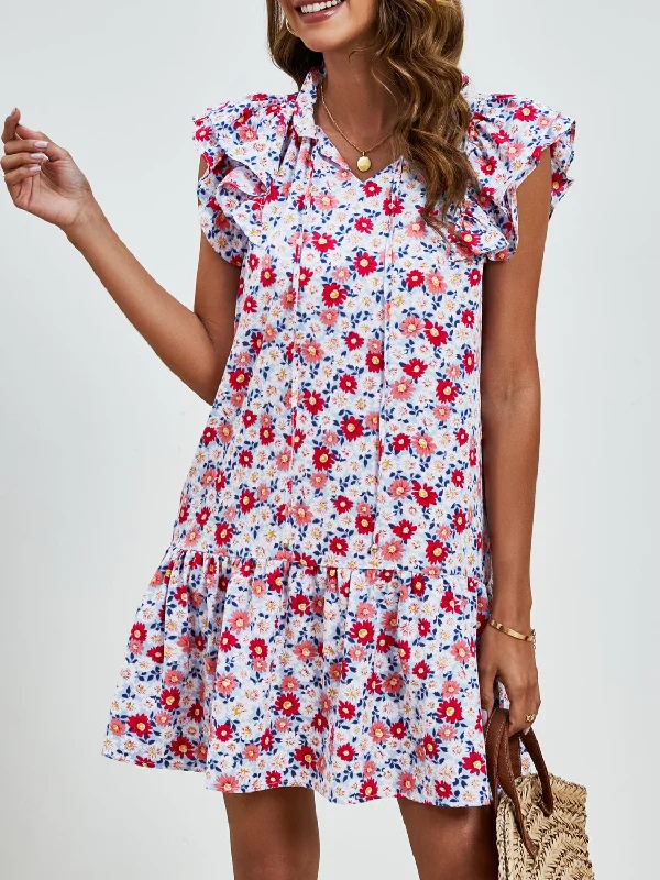 Tied Floral Cap Sleeve Mini Dress Elegant Mini Dress with Pleats
