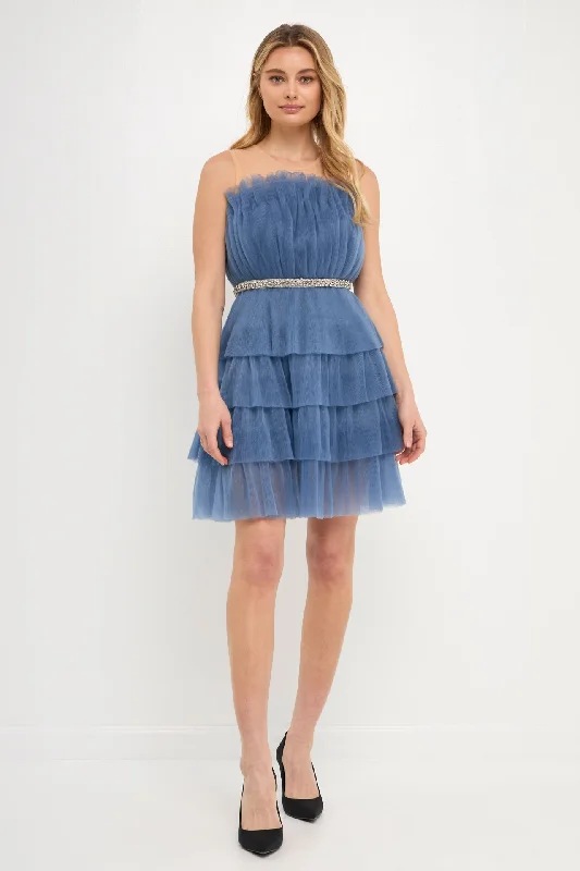 Endless Rose - Tulle Tiered Mini Dress with Jeweled Belt Chic Mini Dress with V-Neck Endless Rose - Tulle Tiered Mini Dress with Jeweled Belt Chic Mini Dress with V-Neck