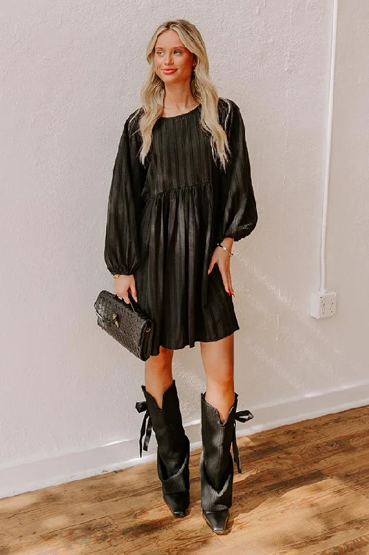 Vermont Stroll Stripe Mini Dress in Black Stylish Puff Sleeve Mini Dress