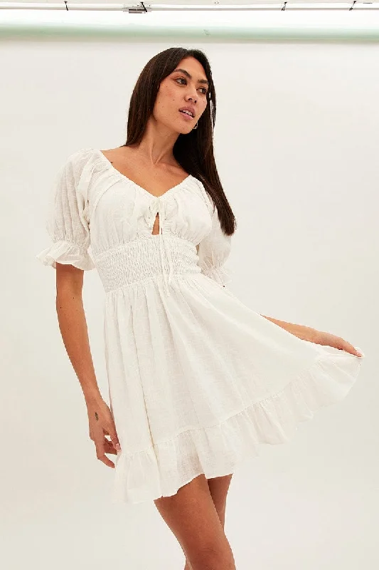 White Mini Dress Fit & Flare Puff Sleeve V-Neck Chic Halter Mini Dress