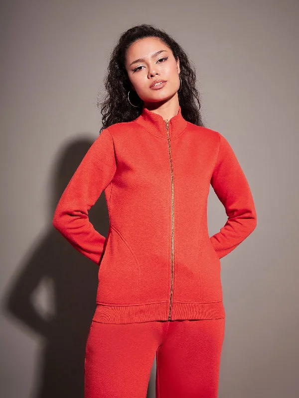 Women Red Fleece Zipper Jacket Welt Pockets Slit Pockets Flap Pockets