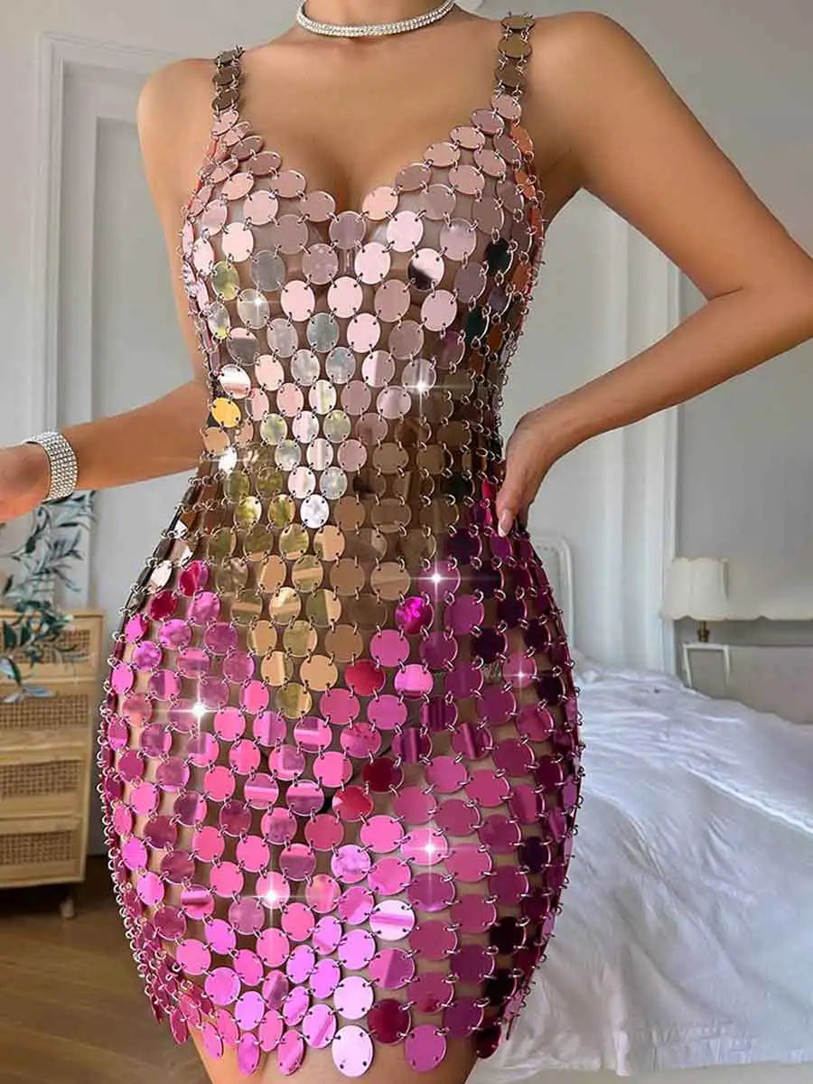 Pink Chainmail Dress - Pink Sparkle Mini Dress - Disco Gradient Sequin Dress Cozy Long Sleeve Mini Dress