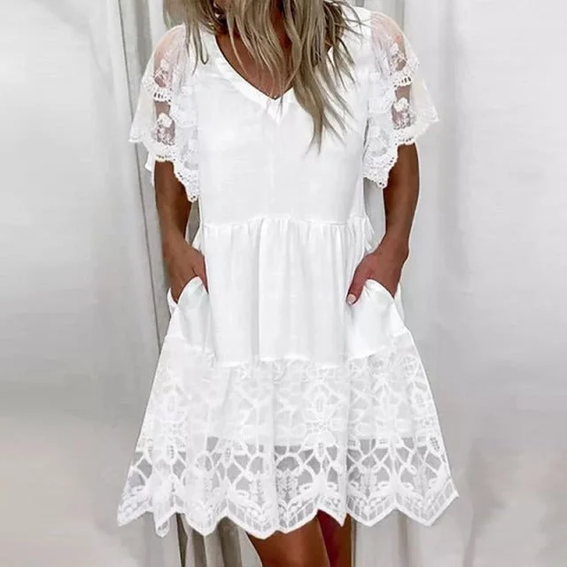 UNIBLU Lovely White Lace Pocket Cotton Blend Mini Dress Elegant Floral-Print Mini Dress