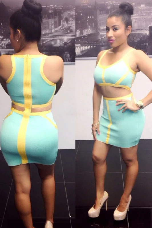 Yellow Stripes Textured Blue Mini Dress Trendy Mini Dress with Belt