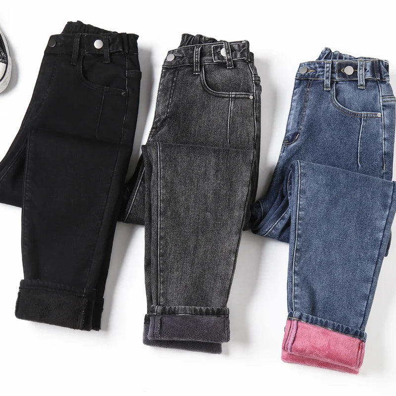 Women Thermal Jeans Warm Plush High Waist Stretch Jeans Plus Size Oversized Comfortable Straight-Legged Denim