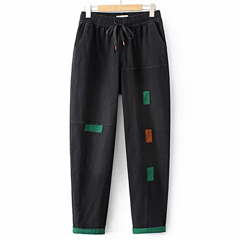 5XL Plus Size Jeans Women's Clothing Fall/Winter Orange Green Rectangular Patch Pants Trendy Plus Size Jeans