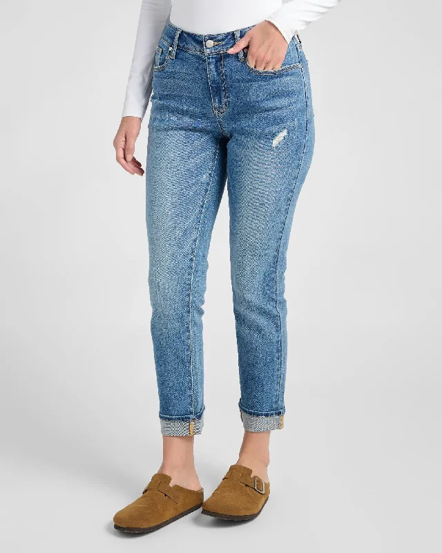 Mid Rise Cuffed Slim Straight Leg Jeans Trendy Plus Size Jeans