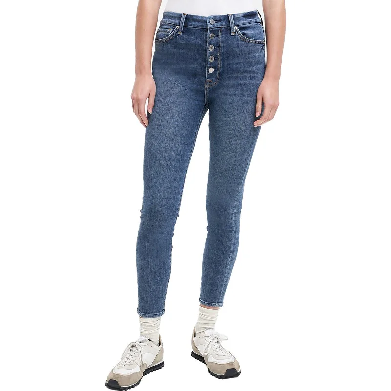Aubrey Womens Super High Waist Medium Wash Skinny Jeans Comfortable Distressed Straight-Leg Jeans