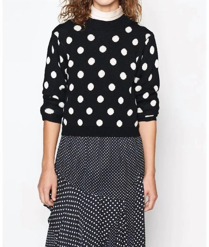 Brettina B Polka Dot Wool Crew Neck Sweater In Black, White Fitted Slim Tailored
