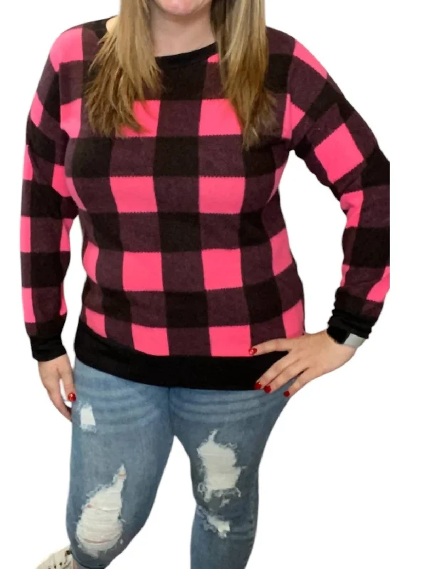 Fleece Sweater In Pink/black Solid Color Striped Floral Print