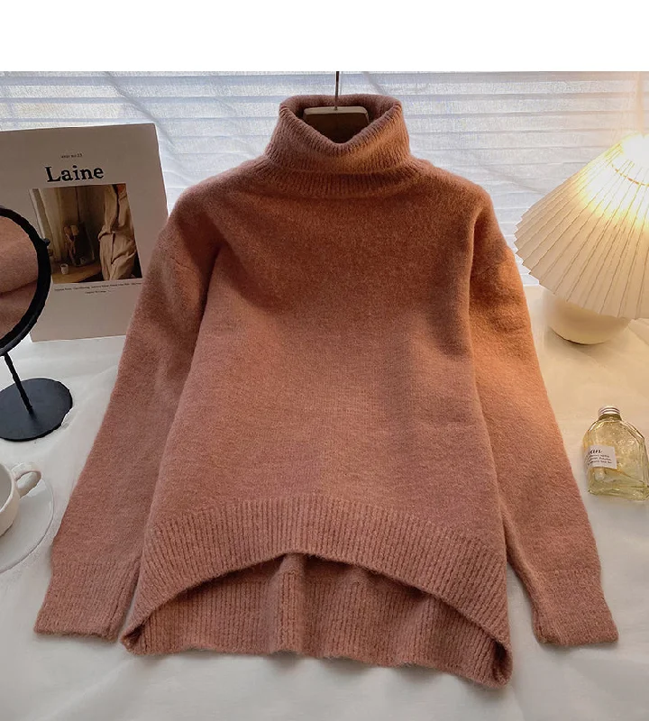 High neck sweater retro minority long sleeve Pullover loose top  6562 Solid Color Striped Floral Print