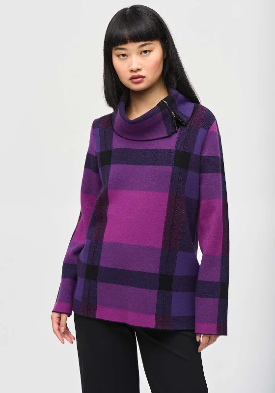 Joseph Ribkoff Check Zip Neck Jumper, Purple Mesh Sweater Canvas Denim