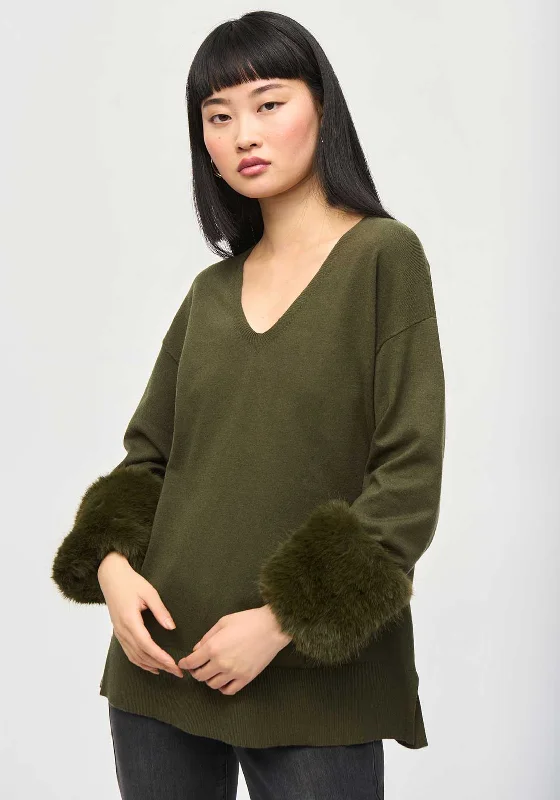 Joseph Ribkoff Faux Fur Cuff Sweater, Iguana Houndstooth Herringbone Solid