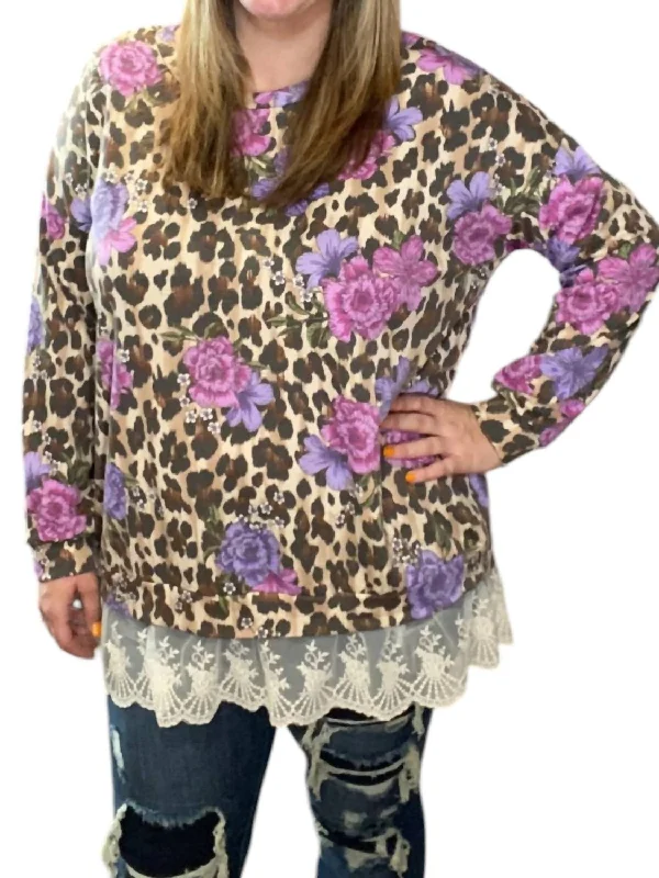 Lace Trim Floral Animal Sweater In Multi Color Ribbed Striped Patterned