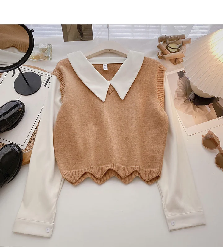 Long sleeve stitching design sense sweater soft top  6607 Spandex Blend Rayon Blend Denim Blend