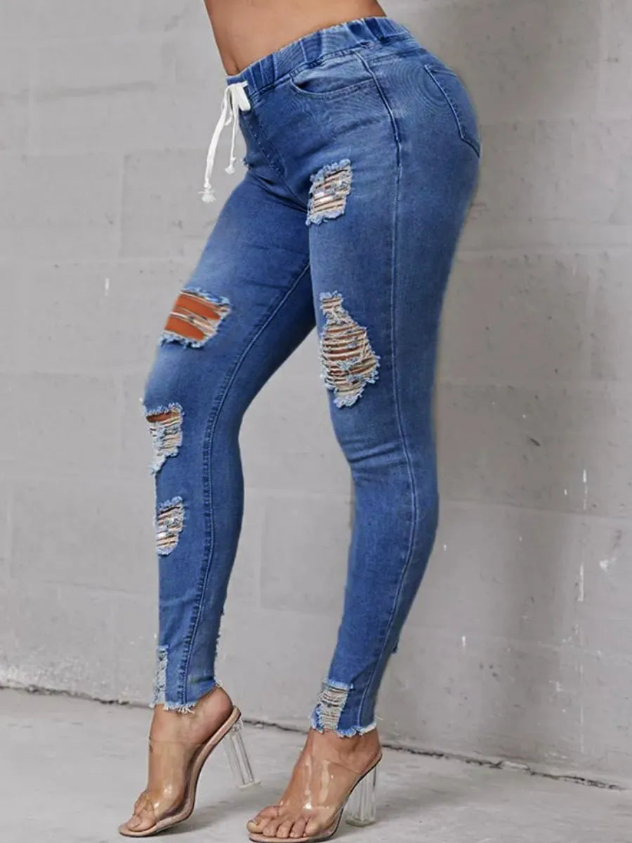 LW Plus Size 2023  Women Autumn Casual High-Waist High Stretchy Ripped Distressed Jean Chic Rip-Detail High-Waist Jeans