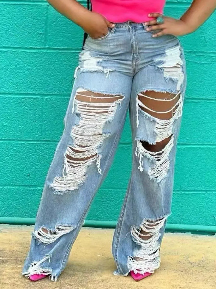 LW Plus Size Stylish Broken Holes Baby Blue Jeans Medium Stretchy Zipper Fly summer Jeans Casual Loose Fit Jeans