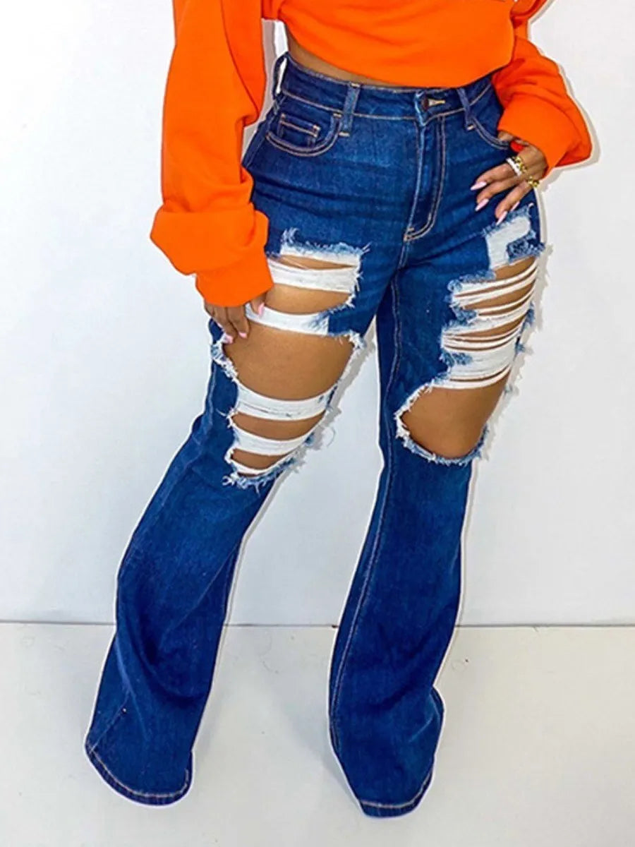 LW Plus Size Woman Autumn Casual High-waisted Ripped Flared Fashion Jeans Stylish Cargo Style Jeans