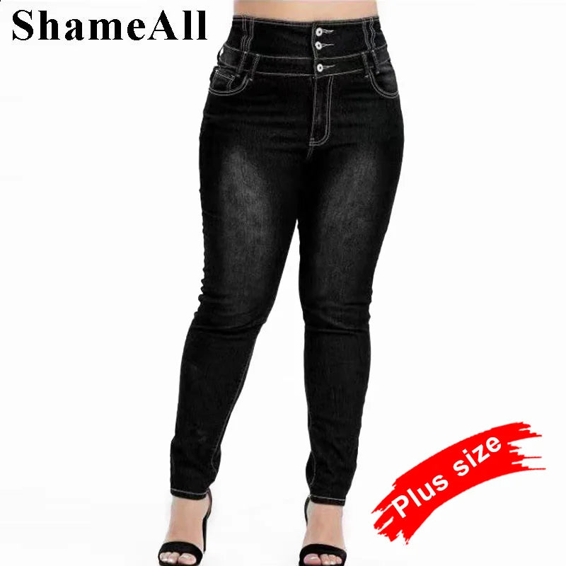 Plus Size Button Up Skinny Black Gray Long Jeans 4XL 5XL Women Spring High Waist Fashionable White Denim Jeans