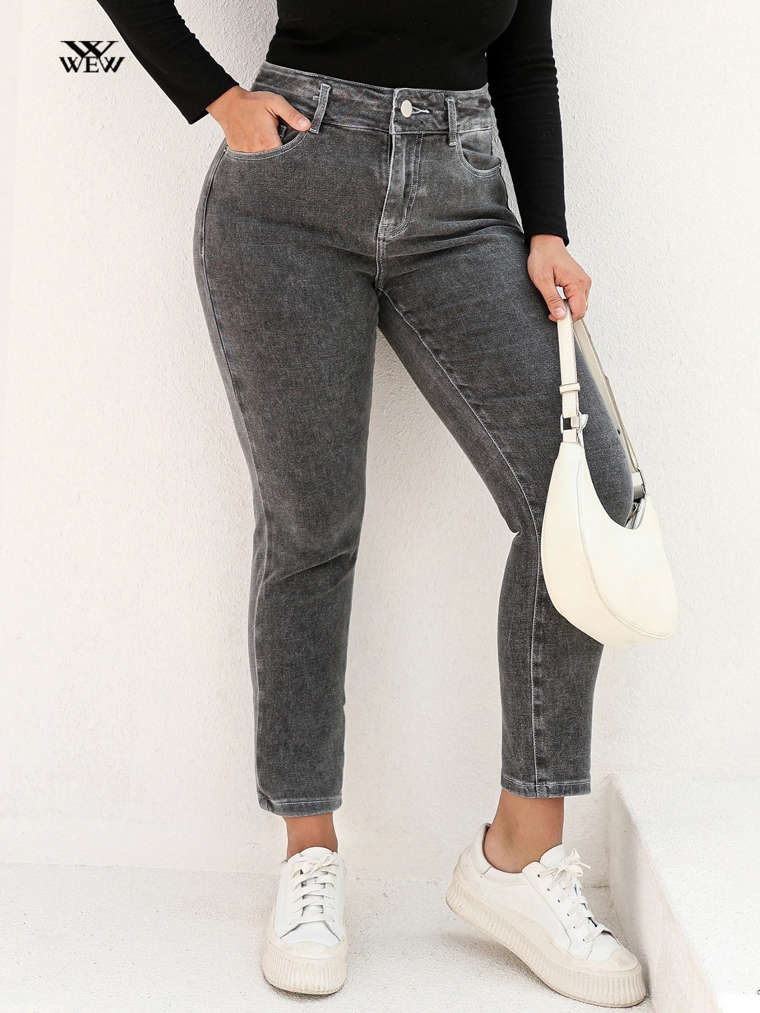 Plus Size Gray Jeans for Women Stretchy High Waist Mom Jeans Harem Fashionable Slouchy Fit Jeans