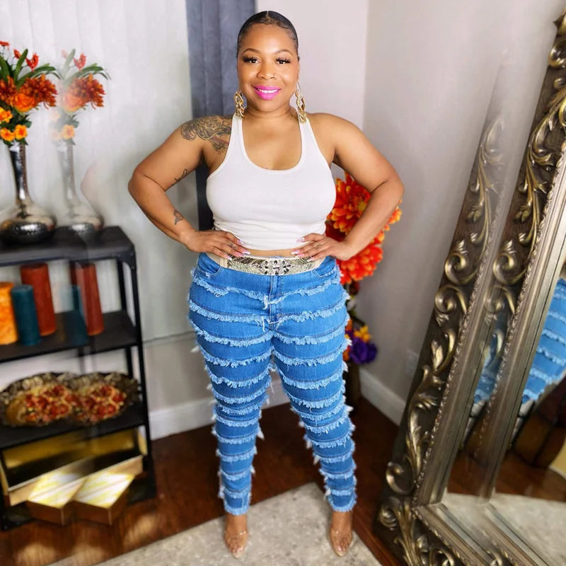 Plus Size Jeans Wash Tassel Tight Elastic Stitching Large Women's Jeans Trendy Wide-Legged High-Waist Jeans Plus Size Jeans Wash Tassel Tight Elastic Stitching Large Women's Jeans Trendy Wide-Legged High-Waist Jeans
