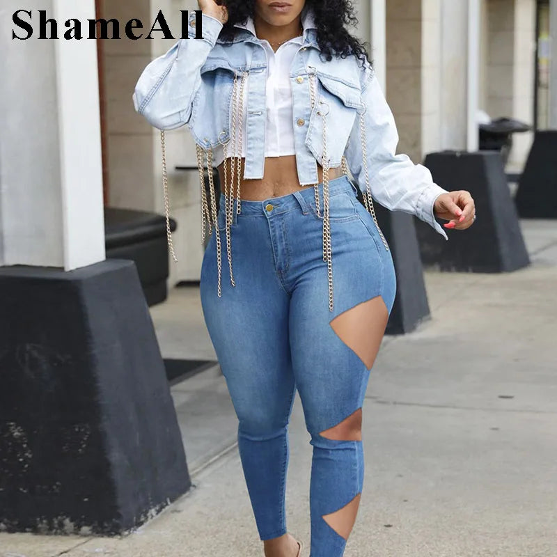 Plus Size Street Cut Hole Stretchy Skinny Jeans 3XL Women Party Club Outfit Chic Ripped Jeans