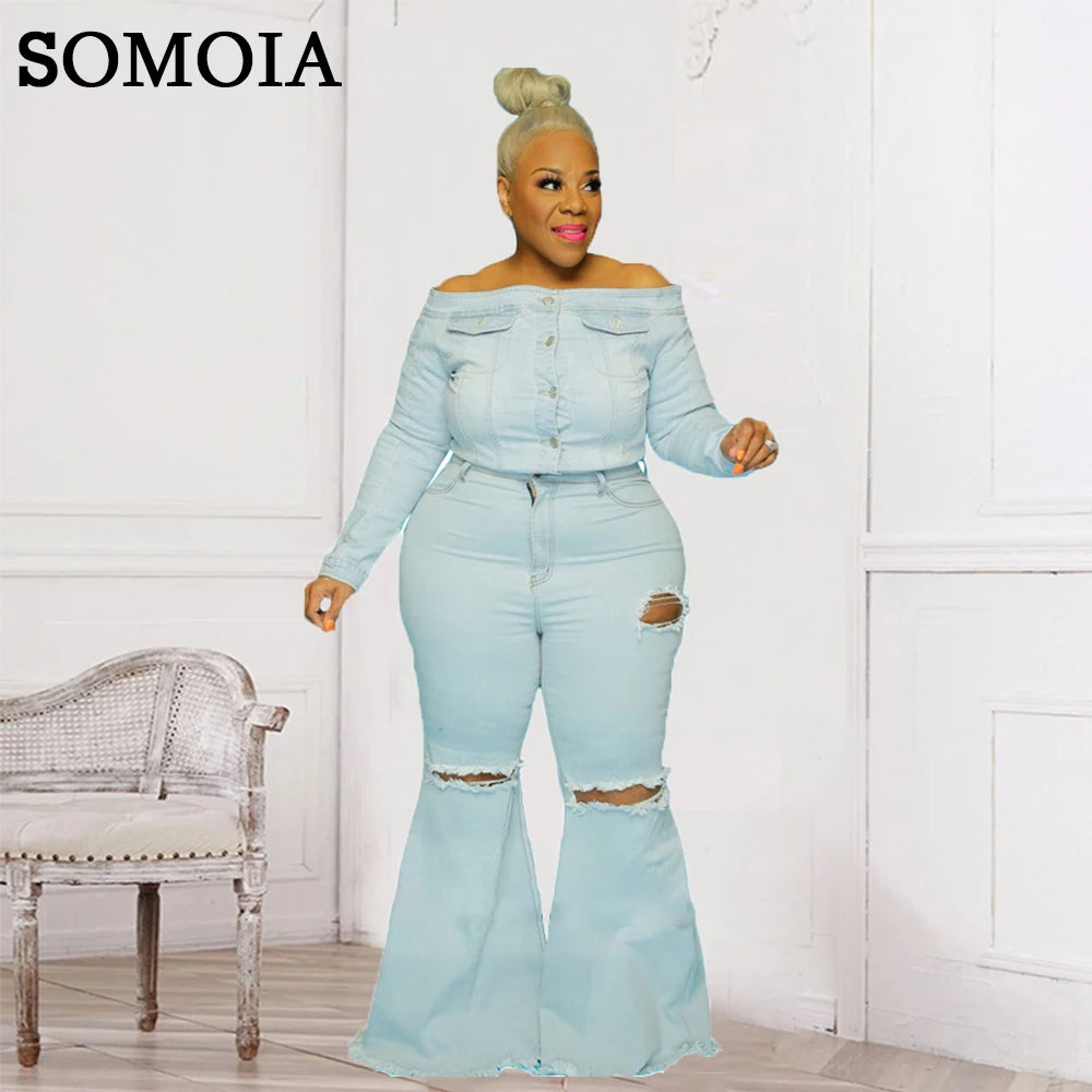 Plus Size Women Clothing Streetwear Cowboy Ripped Flared Pants High Waist Jeans Stylish High-Rise Mom Jeans