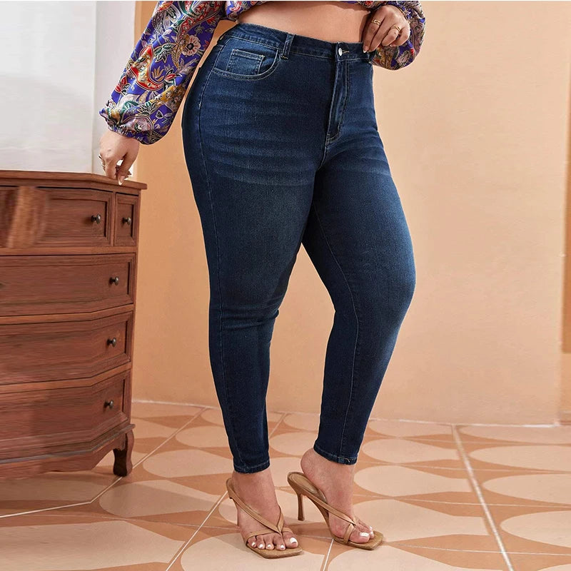 Plus Size Women Mom Jeans High Waist Plus Size Jeans Skinny Pencil Denim Pant Trendy Wide-Leg High-Waist Denim