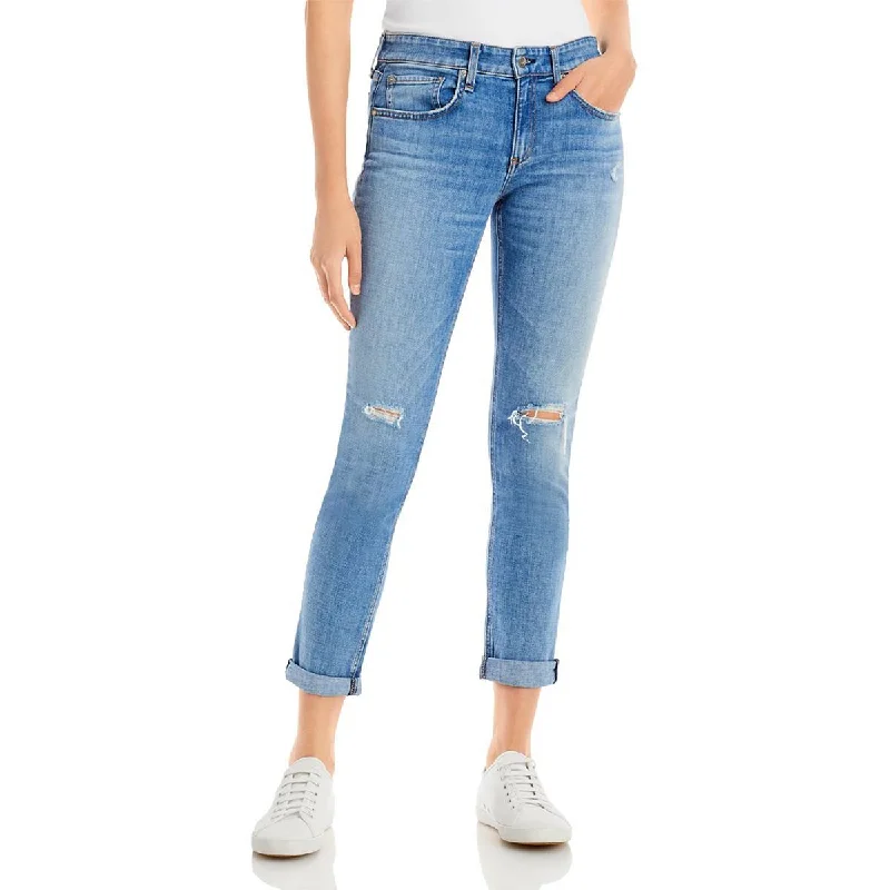 Rag & Bone Womens Distressed Low Rose Straight Leg Jeans Chic Rolled Cuff Denim Jeans