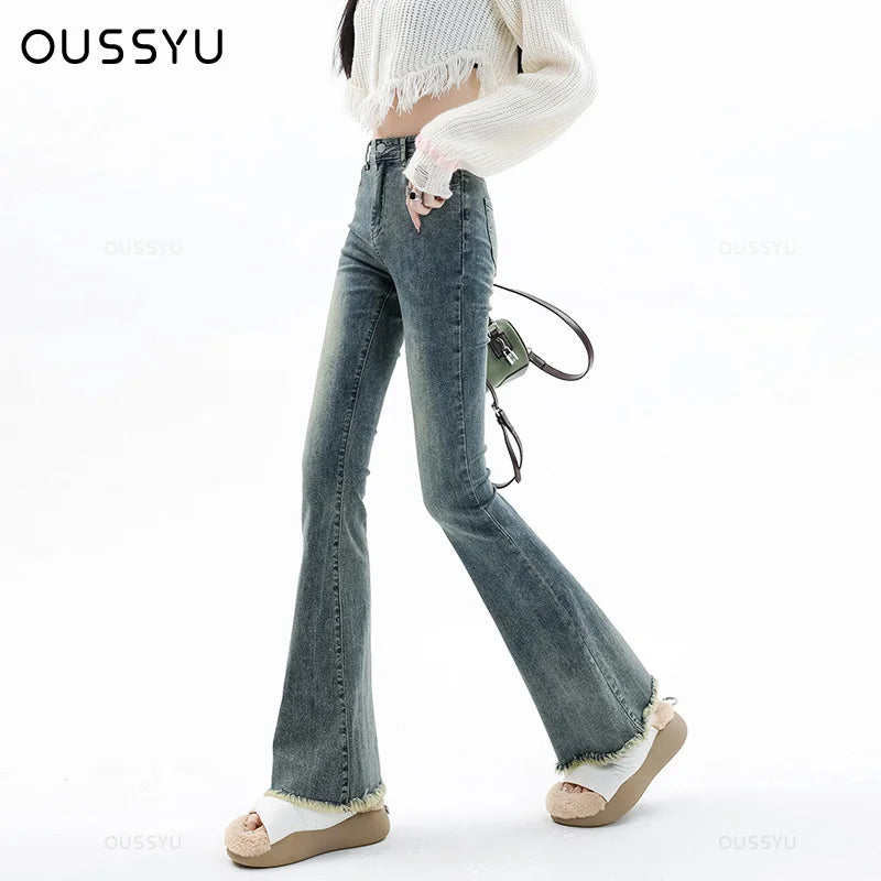 Spring Summer Flared Jeans Women Cotton Vintage Blue Denim Pants Elegant Skinny Leg Jeans