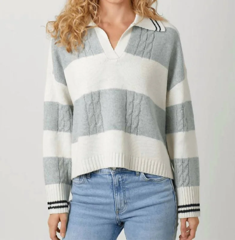 V Neck Stripe Sweater In Ivory/grey Slim Fit Regular Fit Oversized