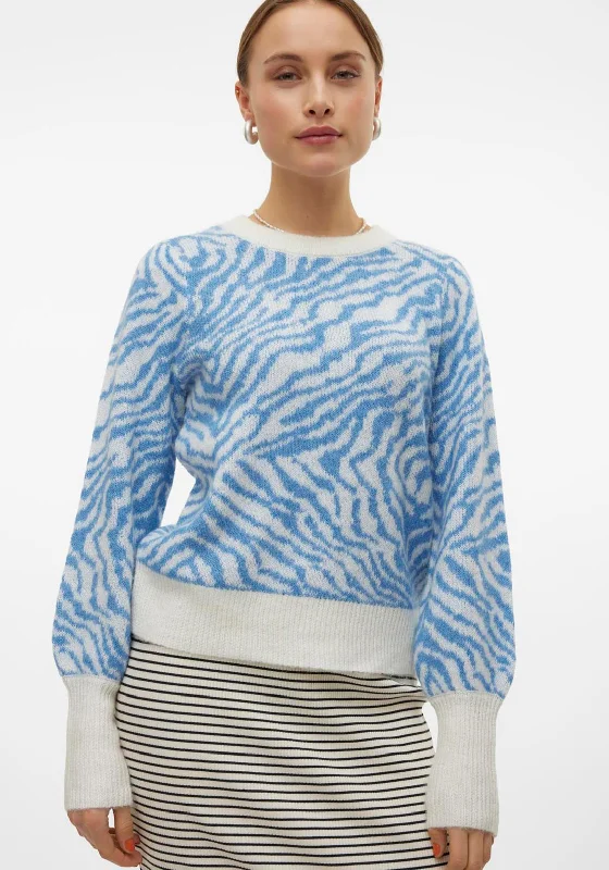 Vero Moda Tari Zebra Print Jumper, Blue Handmade Hand-knitted Hand-woven