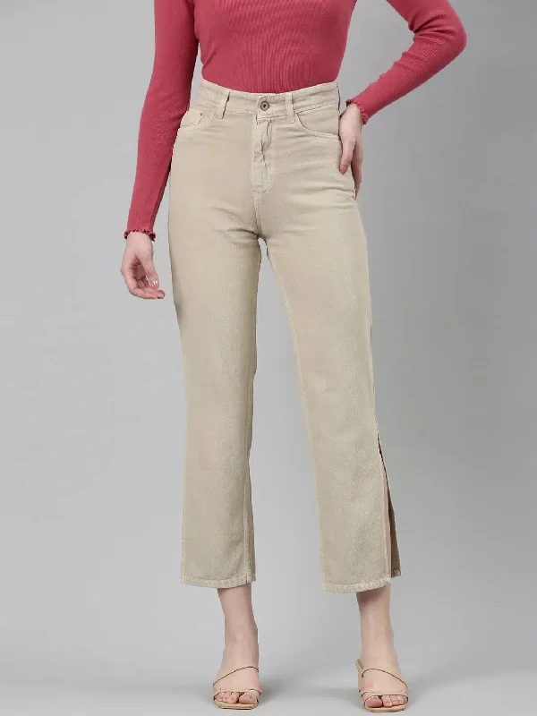 Women Beige Solid Regular Fit Denim Jeans-GZ-5594-Beige Casual High-Waisted Bootcut Jeans