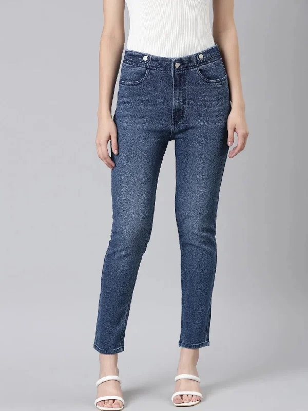 Women Blue Solid Regular Fit Denim Jeans-GZ-5529-2-Blue Trendy Button-Up High-Waist Jeans