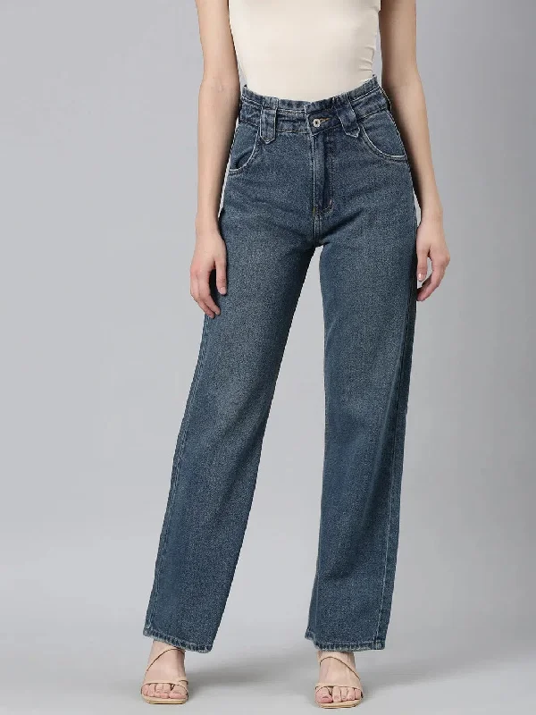 Women Blue Solid Wide Leg Denim Jeans-GZ-5061-Blue Comfortable Drawstring Waist Jeans