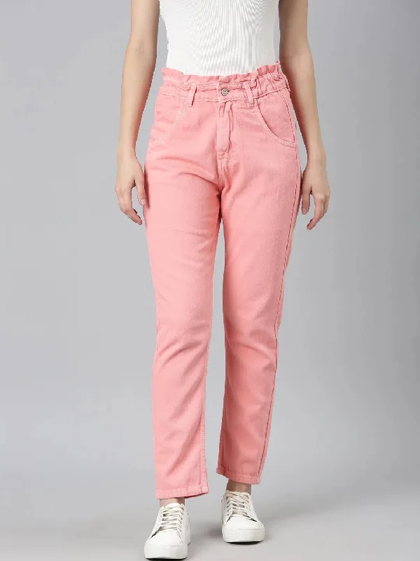 Women Coral Solid Regular Fit Denim Jeans-GZ-5550-Coral Comfortable Stretch Fit Jeans