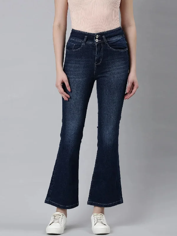 Women Navy Blue Solid Flared Denim Jeans-IM-10266-Navyblue Stylish Plus Size Denim Jeans