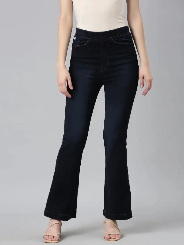 Women Navy Blue Solid Flared Denim Jeans-IM-10380-Navyblue Fashionable Jeggings Style Jeans