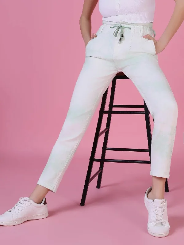 Women White Solid Slim Fit Denim Jeans-GZ-5137-Whiteseagreen Trendy Pleated Waist Jeans