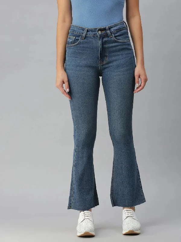 Women's Blue Solid Bootcut Denim Jeans-GZ-5089C-Blue Comfortable Dark Wash Jeans