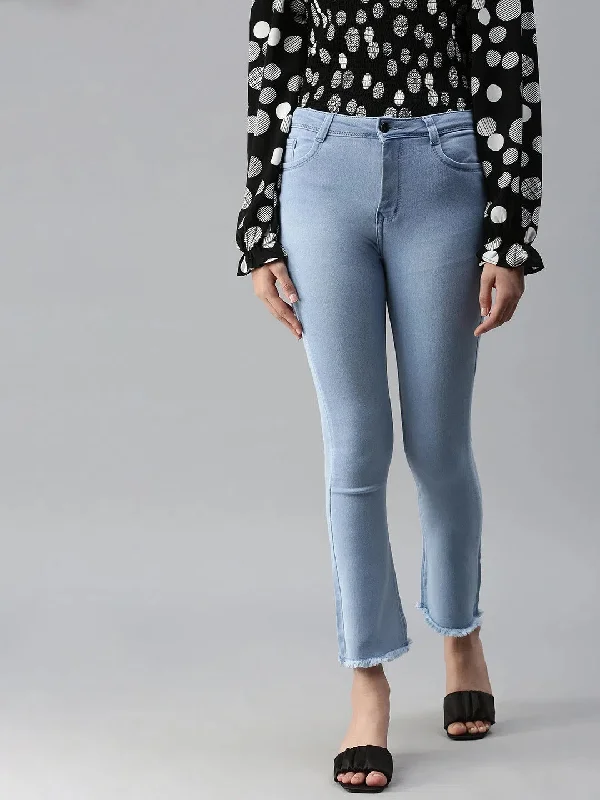 Women's Blue Solid Denim Boot Cut Jeans-LT-20030-Blue Comfortable Faded High-Rise Jeans
