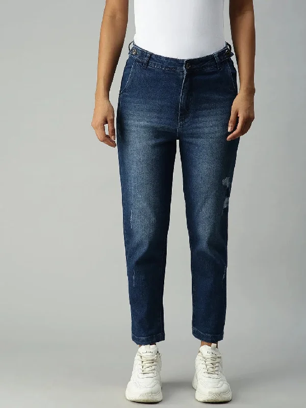 Women's Blue Solid Denim Boyfriend Fit Jeans-IM9633-Blue Comfortable Stretch Fit Jeans