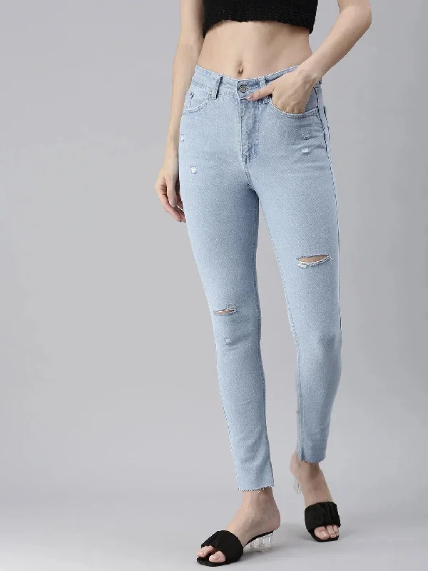Women's Blue Solid Denim Skinny Jeans-GZ-5157-A-Blue Trendy Classic Fit Jeans