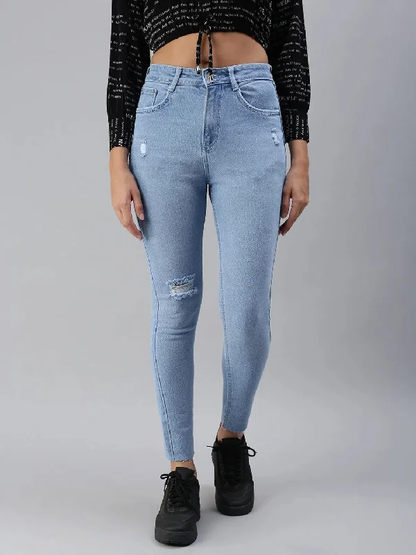 Women's Blue Solid Denim Skinny Jeans-GZ-5163A-Blue Chic Ripped Jeans