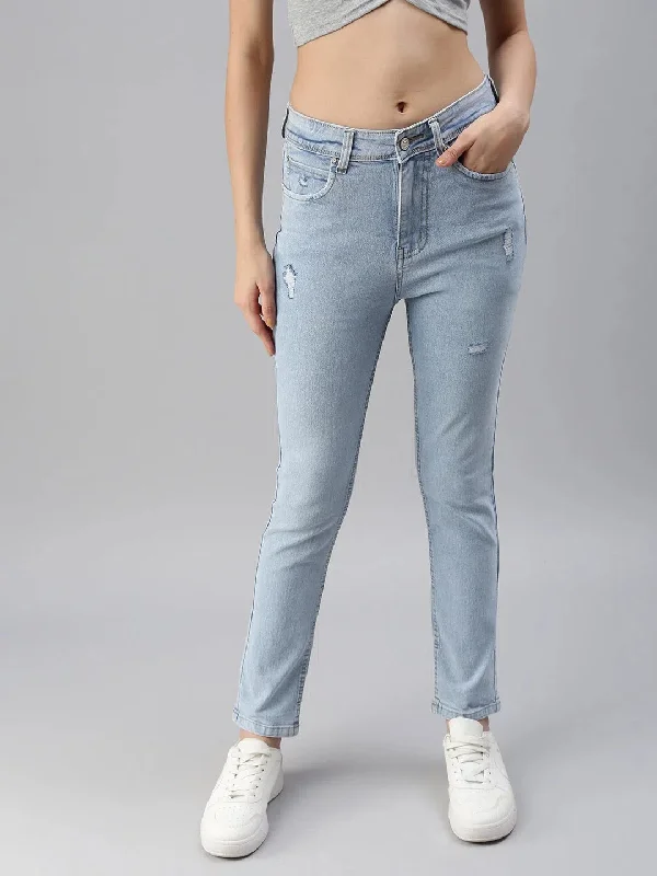 Women's Blue Solid Denim Slim Jeans-GZ-5126A-Blue Trendy Flared Leg Jeans