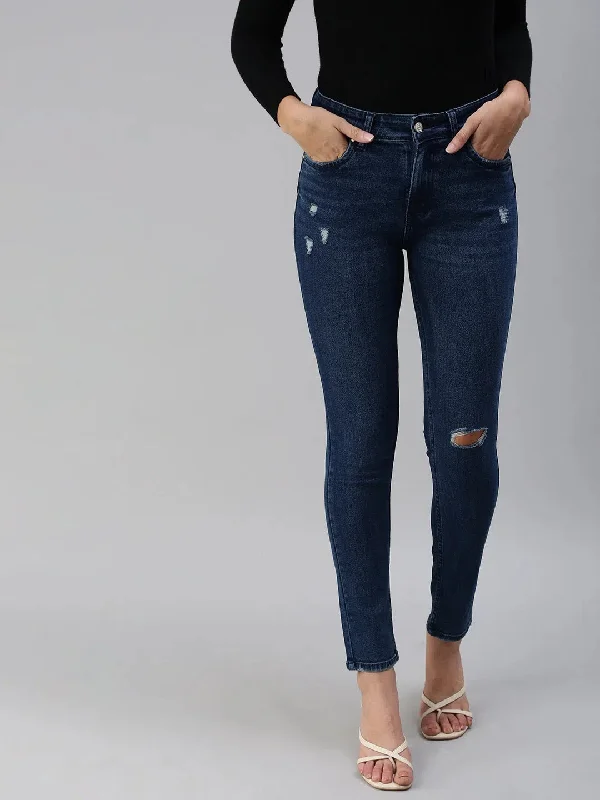 Women's Blue Solid Denim Slim Jeans-GZ-5144-Blue Casual Loose Fit Jeans